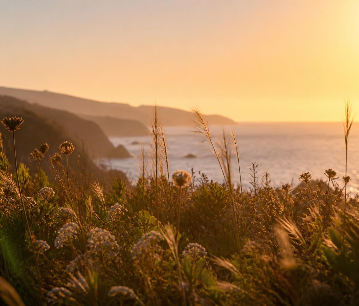 Wildflowers along a quiet coastal cliff at golden hour