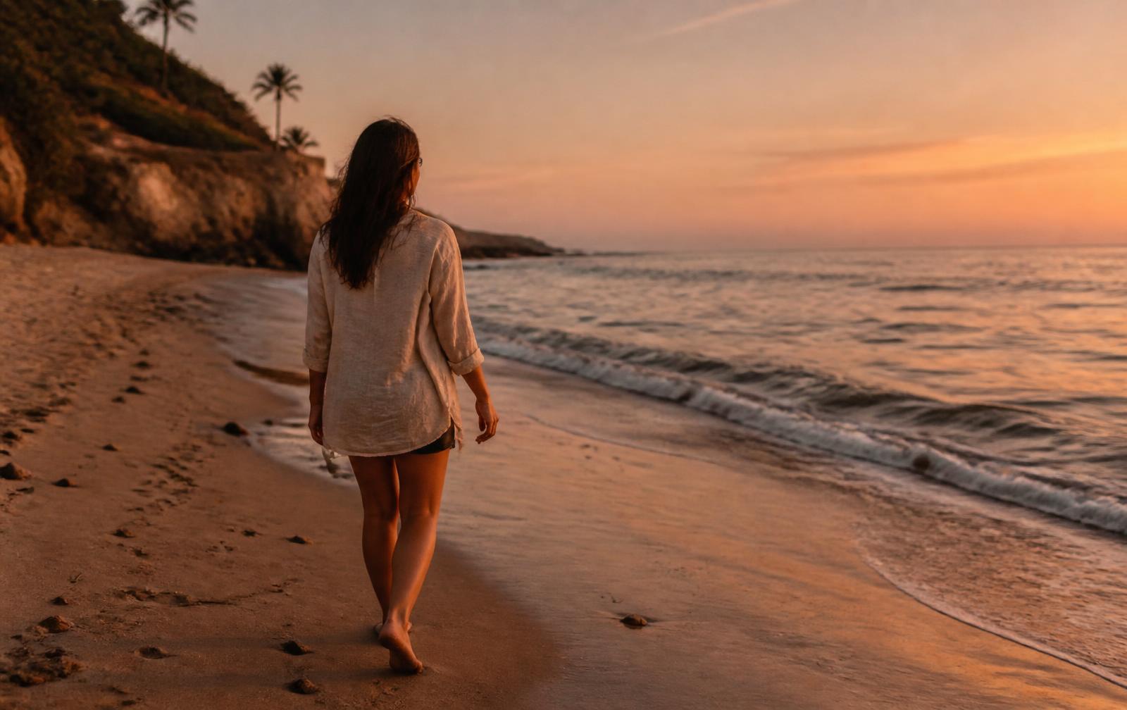 A woman walking alone along the shoreline at golden hour